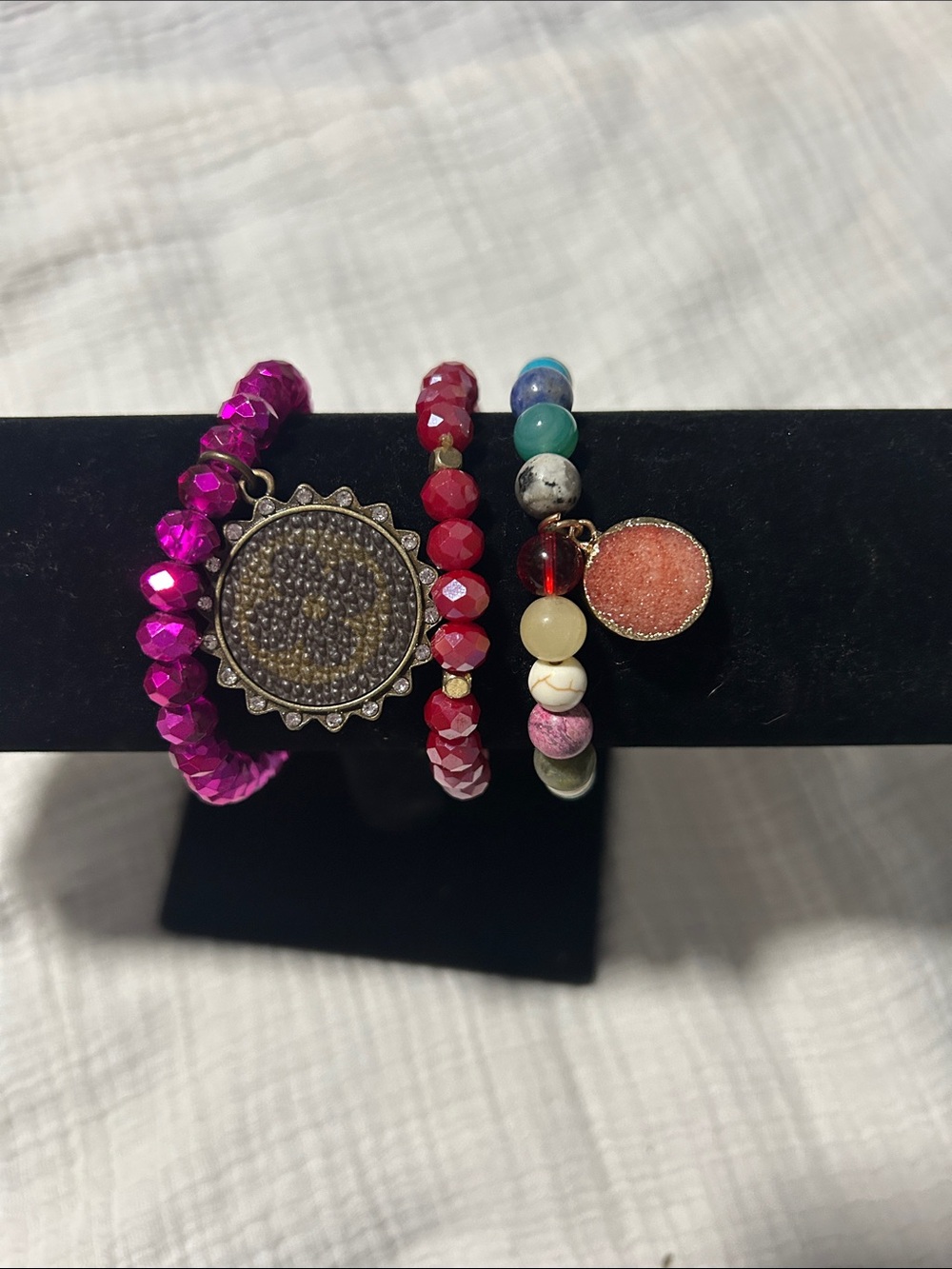 Keep it Gypsy Hot Pink Iridescent Upcycled LV Quatrefoil charm, Bracelet Trio